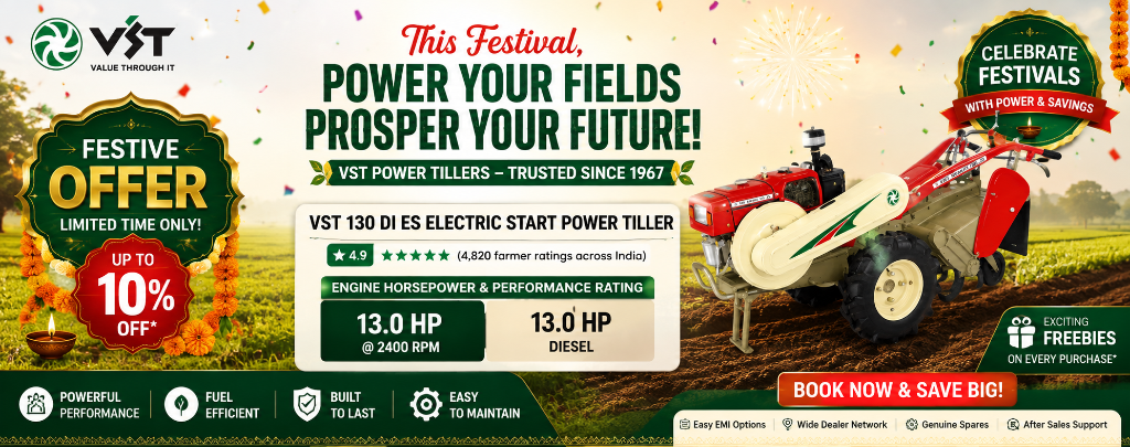 VST Festive Offer - VST 130 DI ES Electric Start Power Tiller 13HP - Book Now & Save Big