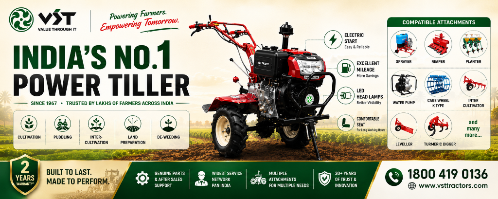 VST India's No. 1 Power Tiller - Compatible with Sprayer, Reaper, Planter, Water Pump, Cultivator Attachments